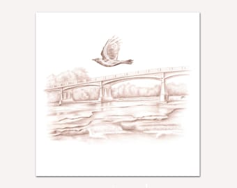 Digital download of a common blackbird fyling over St-Liguori - Bird printable art