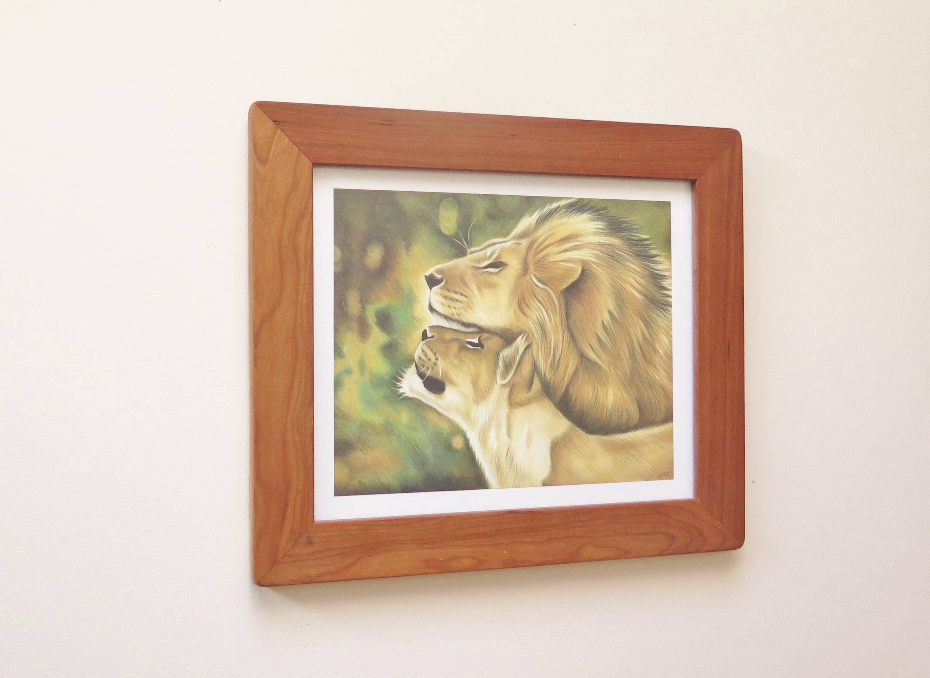 Lion art print framed with solid cherry wood 12x14 wood Etsy
