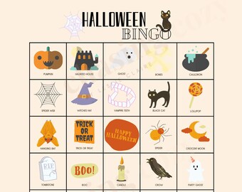 Bingo di Halloween stampabile, Halloween rosa, festa di Halloween, festa di Halloween per bambini, arredamento spettrale carino, gioco di Halloween, Halloween Boho