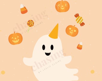 Simpatica stampa di Halloween con fantasmi e caramelle, decorazioni rosa di Halloween, decorazioni autunnali, festa di Halloween per bambini, decorazioni spettrali carine, insegna di Halloween