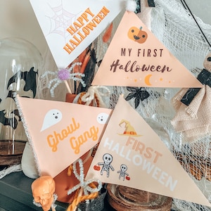 May include: Four orange and white pennant flags with Halloween themed text and illustrations. The flags read "Happy Halloween", "My First Halloween", "Ghoul Gang", and "First Halloween".