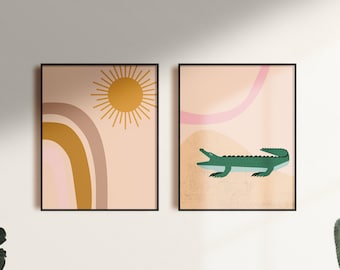 Boho Wall Art, Boho Nursery stampabile, Bambino Camera Decor, Alligator safari stampabile, Baby Room Poster Soggiorno Sala D'Arte Camera