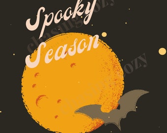 Spooky Season Print, Bats adn Moon. Pink Halloween Decor, Fall Decor, Cute Spooky Decor, Halloween Sign, Boho Fall Decor