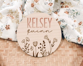 3D Floral Engraved Round Announcement Sign for Girl Baby Name Sign Wood Sign Newborn Hospital Photo Baby Photo Engraved Name Door Hanger