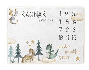 Fairytale Dragons Milestone Baby Blanket Personalized Memory Blanket Highland Cow Baby Shower Gift Newborn Photography Monthly Milestone