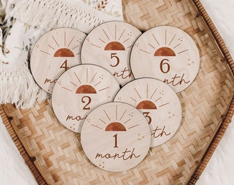 Rust Sunburst Baby Milestone Markers Month to Month Engraved Wood Cutout Wood Baby Milestone Monthly Milestone Picture Prop New Baby Gift