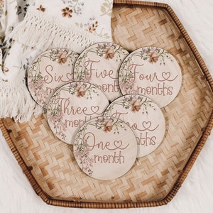 Blush Wildflowers Baby Milestone Markers Month Engraved Wood Cutout Wood Baby Milestone Monthly Milestone Picture Prop Baby Shower Gift