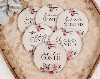 Peony & Roses Baby Milestone Markers Month to Month Engraved Wood Cutout Wood Baby Milestone Monthly Milestone Picture Prop Shower Gift