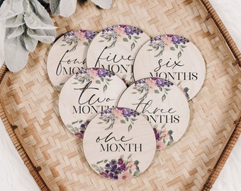 Purple Flowers Baby Milestone Markers Month to Month Engraved Wood Cutout Wood Baby Milestone Monthly Milestone Picture Prop Baby Gift