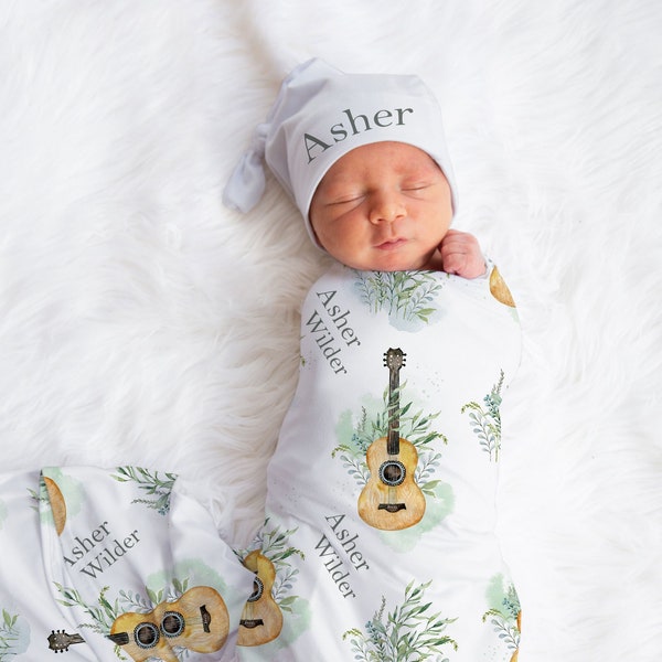 Greenery & Guitars Name Blanket Gender Neutral Swaddle Blanket Baby Shower Gift Stretch Jersey Blanket Hospital Newborn Name Blanket