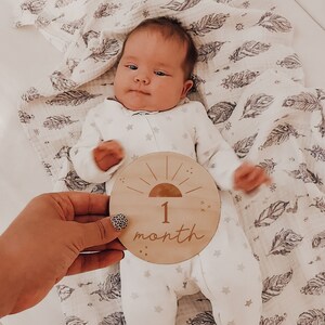 Rust Sunburst Baby Milestone Markers Month to Month Engraved Wood Cutout Wood Baby Milestone Monthly Milestone Picture Prop New Baby Gift image 2