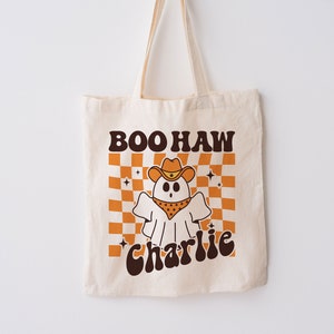 Halloween trick or treat tote bag, Custom Canvas Halloween Bag, Boohaw Name Tote, Personalized Gifts for Halloween, Fall Canvas Tote