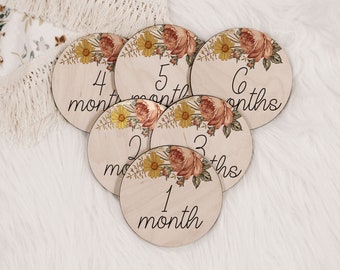 Vintage Rose Baby Milestone Markers Month to Month Engraved Wood Cutout Wood Baby Milestone Monthly Milestone Picture Prop Baby Shower Gift