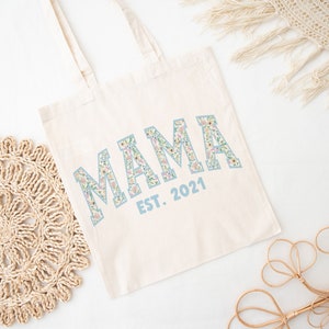 Varsity Mama Tote Bag, 1st Mothers Day Gift, Personalized Gift for Mom, New Mom Gift, Canvas Tote Bag, Mom Bag, Beach Bag, Pregnancy Gift