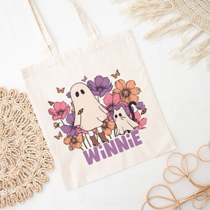 Halloween trick or treat tote bag, Custom Canvas Halloween Bag, Purple Name Tote, Personalized Gifts for Halloween, Fall Canvas Tote