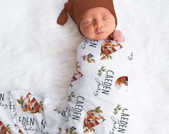 Baby Name Blanket for Boy Woodland Fox Nursery Swaddle Blanket Baby Shower Gift Stretch Jersey Blanket Hospital Newborn Name Blanket