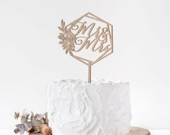 Gold Mr Mrs Cake Topper For Wedding Floral Geometric Wood Wedding Cake Topper Wedding Shower Decor Flower Topper Personalized Cake Topper