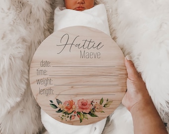 Hospital Name Sign, Baby Name Sign, Personalized Pink Blush Rose Floral Birth Stat Sign, Round Wood Birth Stat Sign, Baby Name Plate