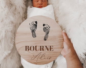 Engraved Name Foot Print Birth Announcement Sign Baby Name Sign Wood Hospital Name Sign Newborn Photo Prop Gender Reveal Name Announcement