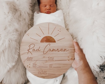 Sunburst Birth Stats Announcement Baby Name Sign Wood Sign Boho Rustic Rain Newborn Hospital Photo Prop Gender Reveal Baby Photo