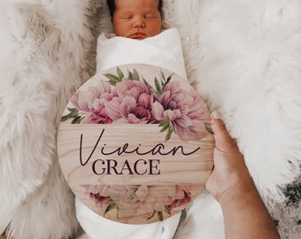Peony Baby Name Announcement Sign Wood Sign Newborn Announcement Hospital Girl Reveal Baby Photo Props New Baby Sign VG002