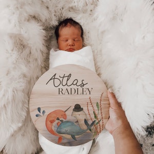 New Baby Sign, Baby Announcement Sign, Gender Neutral Birth Announcement, Coastal Sea Nursery, Wooden Name Sign, Newborn Name Plaque