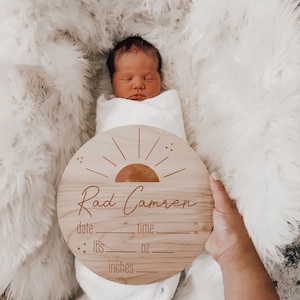 Sunburst Birth Stats Announcement Baby Name Sign Wood Sign Boho Rustic Rain Newborn Hospital Photo Prop Gender Reveal Baby Photo