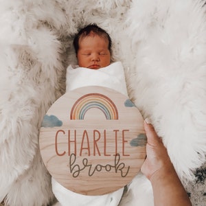 Rainbow Clouds Name Announcement Sign Wood Sign Newborn Announcement Hospital Photo Gender Neutral Reveal Baby Photo Props New Baby Sign