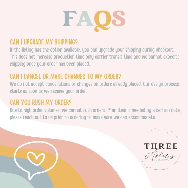 Puede incluir: Gr&aacute;fico en colores pastel con la palabra "FAQs" en una fuente l&uacute;dica. El texto responde a preguntas sobre env&iacute;o, cambios de pedido y pedidos urgentes. El logotipo de Three Arrows Collective est&aacute; en la parte inferior.