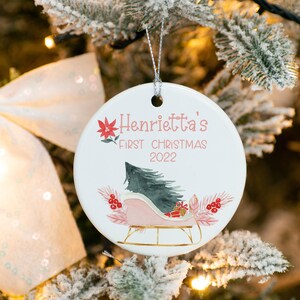Baby First Christmas Ornament for Girl, Ceramic Baby Christmas Ornament, Pink Sleigh Ornament, Personalized Holiday Ornament
