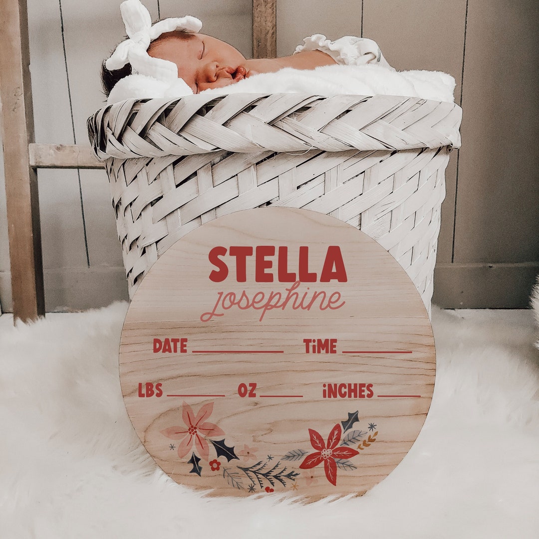 Birth Stats Sign Winter Floral, Poinsettia Wooden Birth Announcement ...