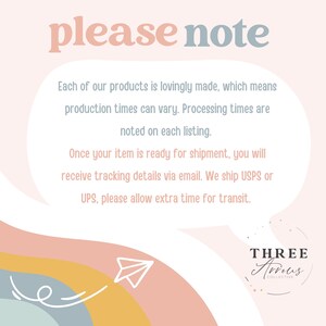 Puede incluir: Gr&aacute;fico en colores pastel con el texto "please note" en rosa y azul. El texto explica que los productos est&aacute;n hechos con cari&ntilde;o, los tiempos de producci&oacute;n var&iacute;an y los detalles de seguimiento se env&iacute;an por correo electr&oacute;nico. El logotipo de Three Arrows Collective est&aacute; en la parte inferior derecha.