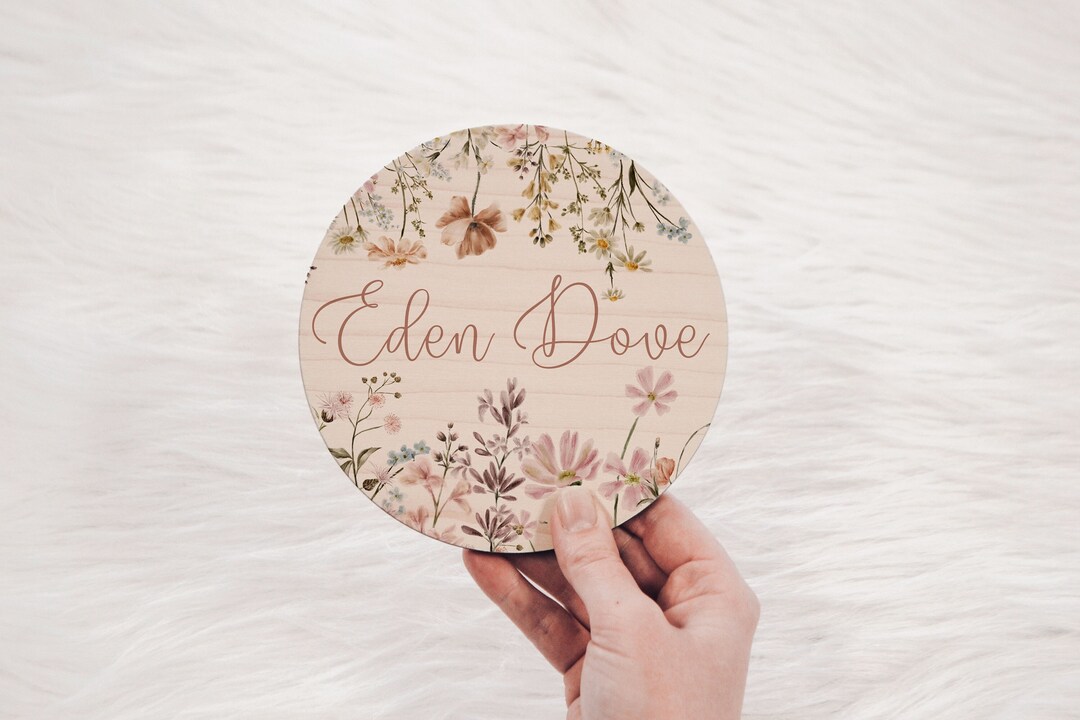 Wooden Baby Name Announcement Sign for Girl Wildflowers Birth Wood Sign