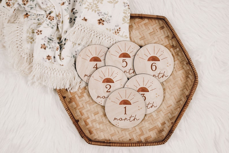 Rust Sunburst Baby Milestone Markers Month to Month Engraved Wood Cutout Wood Baby Milestone Monthly Milestone Picture Prop New Baby Gift image 1