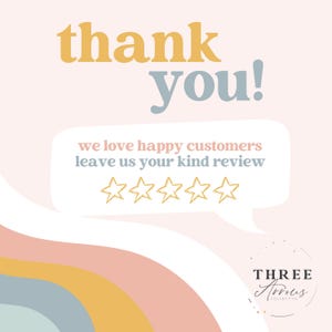 Puede incluir: Gr&aacute;fico en colores pastel con las palabras "thank you!" en amarillo y azul. Un bocadillo contiene el texto "we love happy customers leave us your kind review" y cinco estrellas doradas. El logotipo de Three Arrows Collective est&aacute; en la parte inferior.