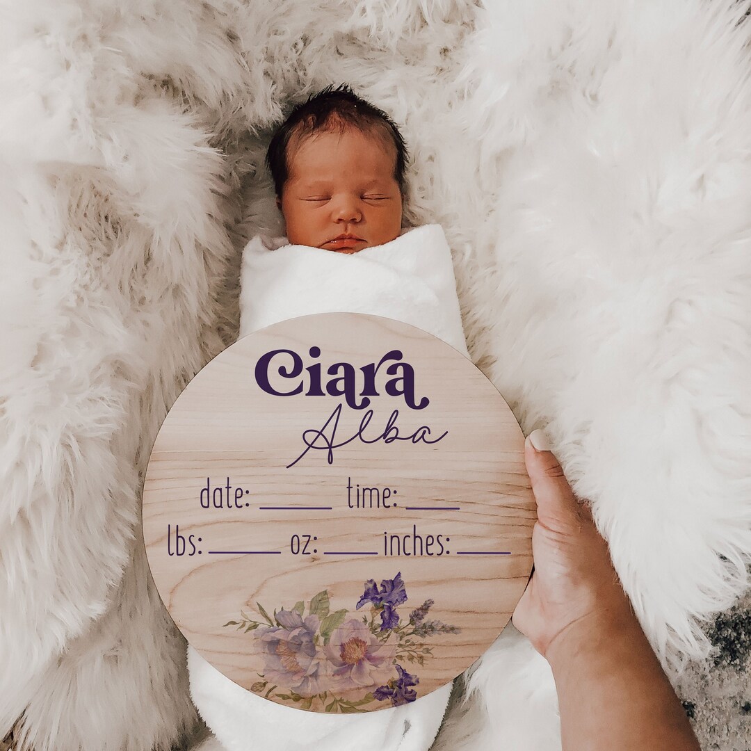Wooden Baby Name Announcement Sign for Girl Purple Iris Floral Lavender ...