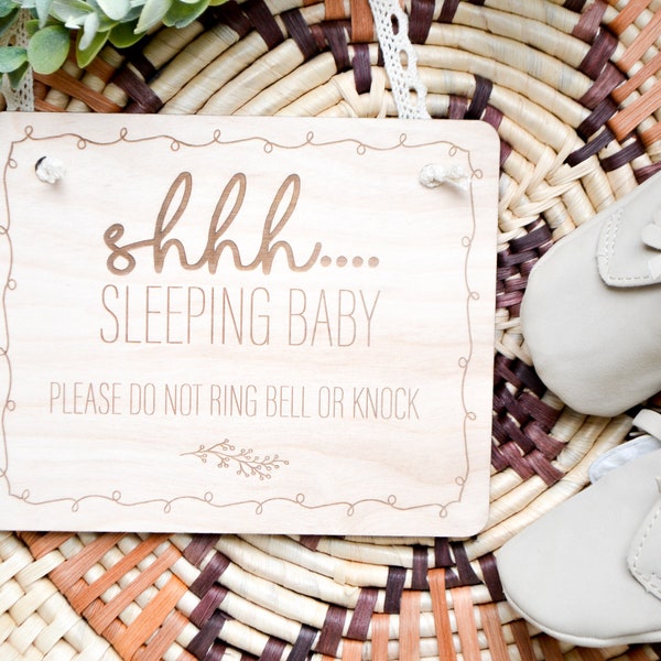 Shhh Baby Sleeping Door Sign Wood Doorbell Sign Baby Door Hanger Do Not Knock Door Hanger Front Door Signs Nap time Door Sign Sleeping Baby