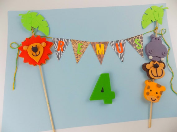Handmade jungle animal safai cake topper banner bunting sugar paste edible