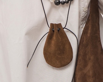 Brown Suede Drawstring Pouch: Coin, Jewelry, Airpods Bag