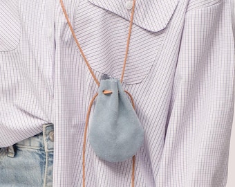 Sky Blue Suede Drawstring Pouch: Leather Coin or Jewelry Bag