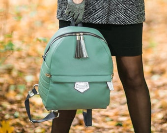 Genuine Leather Backpack, Mint Soft Leather Backpack, Travel Backpack Purse, Green Rucksack For Women, Mini Bag For Girls Aesthetic backpack