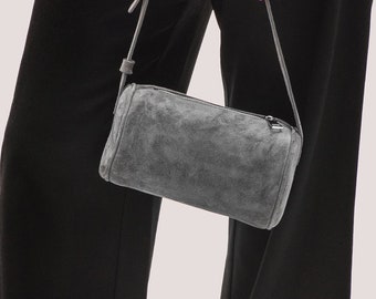 Bolso de ante de hombro con mango superior - Bolso de ante pequeño - Bolso de hombro gris - Bolso de ante con mango superior - Vintage de moda de los años 90 - Bolso retro