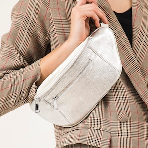 Leather fanny pack, leather bum bag, hip pouch, leather purse, women waist travel bag, silver beltbag, leather belt bag, leather waist bag