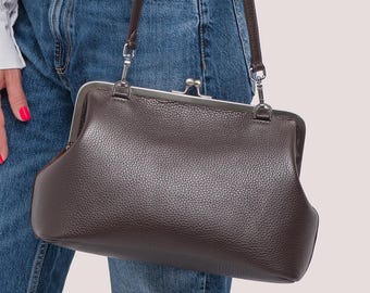 Leather Kisslock Frame Shoulder Bag – Real Leather Everyday Purse, Structured Work Bag for Women, Personalized Gift Idea