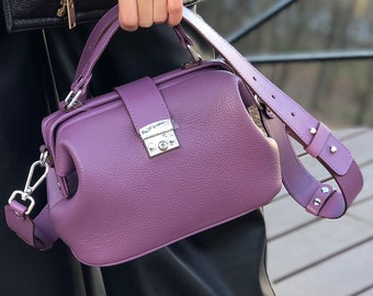 REAL LEATHER BAG -Trendy Handbag -Purple Leather Briefcase Bag -Cross Body Strap Travel Bag -Doctor Style Satchel Bag Gift For Women