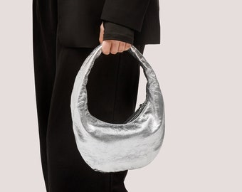 Silver Leather Small Hobo Bag - Silver Purse - Evening Shoulder Clutch in Silver Leather - Fashion Women's Bag - Raunded Bag - Gift for Her