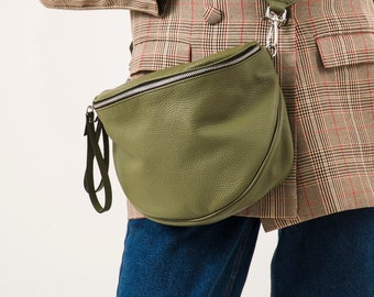 Green crossbody bag, Leather Messenger bag, fanny pack handbag, soft leather bag, belly pouch hip bag, crossbody bag, Olive bum bag