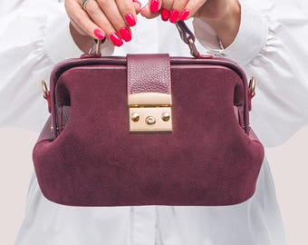 Leather Doctor Bag with Suede Front Panel – Frame Bag with Top Handle – Women Leather Handbag – Crossbody Bag