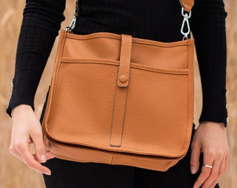 Sac à bandoulière en cuir caramel : sacoche à bandoulière réglable, sac messager avec poches pour tous les jours