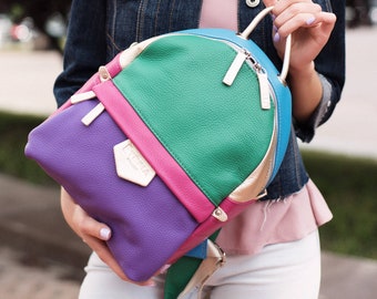 Multicolor Leather Backpack – Soft Handmade Women’s Rucksack, Colorful Daypack, Unique Travel Bag, Genuine Leather